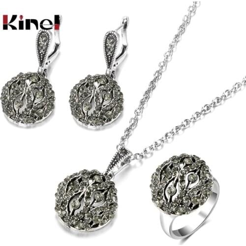 Kinel Vintage Jewelry Set Bohemian Hollow Crystal Flower Drop Earring Pendant Necklace For Women Long Chain Ethnic Rings Gifts
