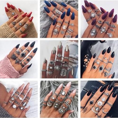Docona Vintage Antique Geometric Knuckle Ring Set for Women Rhinestone Midi Rings Set Party Jewelry Anillos Accessories