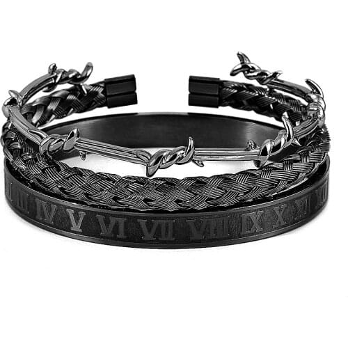New Model 3pcs/set Punk Roman Bangles Set Stainless Steel Cable Wire Weave Bangles Cuff Bracelets For Men Punk Jeweley