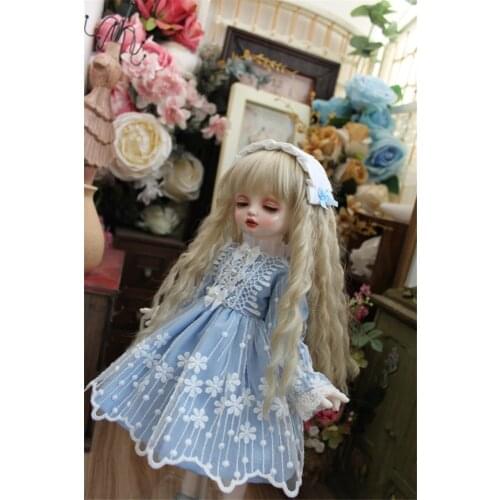 BJD Doll clothes suitable for 1/3 1/4 1/6 Blythes Size Blue Lace Maid Dress Pasture Doll Accessories (Skirt + Tiara)