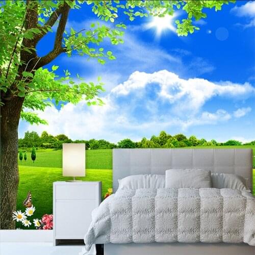 Dropship Custom 3D Mural Wallpaper Blue Sky White Cloud Tree Scenery Living Room TV Sofa 3d Wallpaper Bedroom Landscape Murals