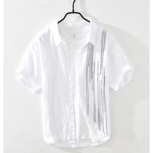 Pure Linen Short Sleeve Shirt for Men Summer New White Striped Tops Male Thin Section Slim Fit Button Up Hemp Shirt Clothing
