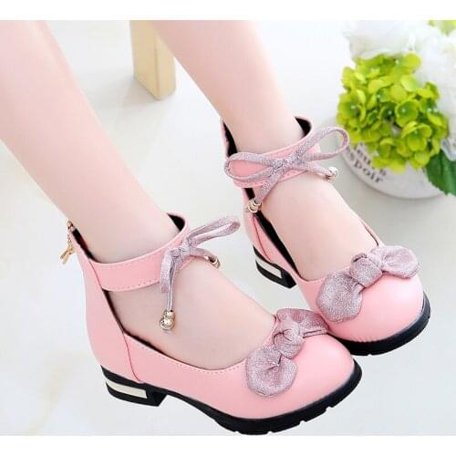 Childrens Single Shoes New Girls Low-heeled Square Bow Princess Dance Shoes Student Performance Leather Shoes B122