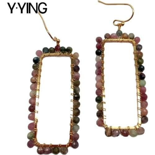 Y·YING natural Rainbow Tourmaline Gold Colorplated Big Rectangle Earrings geometric Hook Earrings luxury handmade for women