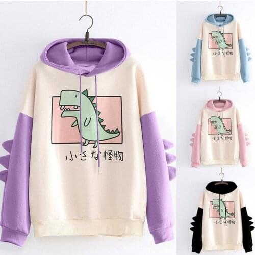 Womens Dinosaur Animal Anime Sweatshirt Long Sleeve Splice Tops Cartoon Cute Hoodies Teens Girls Casual Pullover dino hoodie