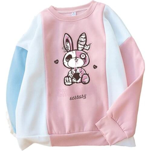 Y2k Womens Sweatshirt Kawaii Crative Skeleton Rabbit Doll Cartoon Print Fleece Colorblock Patchwork Harajuku Hoodies Tracksuits