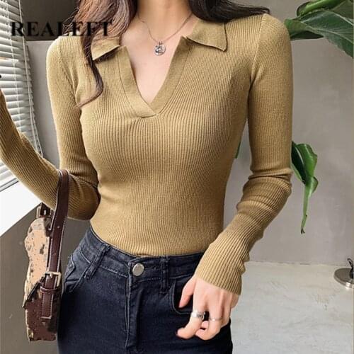 REALEFT 2021 New Womens Knitted Pullovers Vintage V Neck Long Sleeve Solid Color Basic Ladies Knitting Pullovers Sweater Female