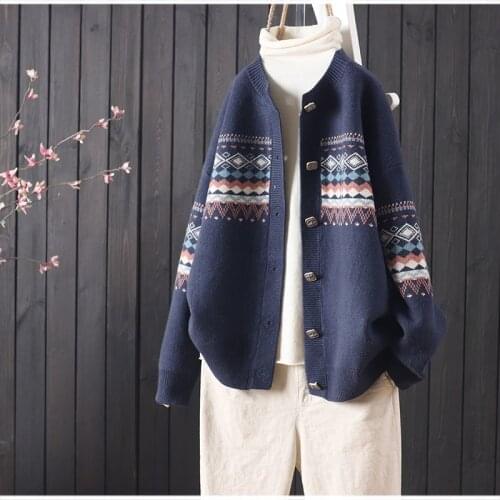 Autumn and winter new product loose ethnic style jacquard buttoned long-sleeved knitted cardigan women sweater all-match