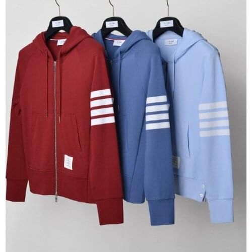 2021 Fashion TB THOM Brand Hooded Clothing Slim Cotton Jacket Men Women Striped Sweatshirts Hoodies Male Casual Sportswear Coat