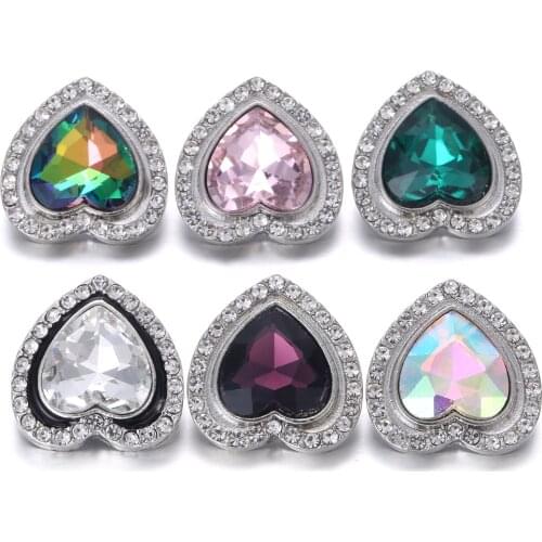6pcs/lot New Snap Jewelry Colorful Rhinestone Love Heart 18mm Snap Buttons Fit Snap Necklace Bracelet Women Button Jewelry