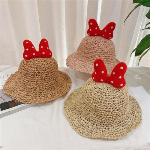 Disney Minnie Cartoon 1-3 Years Old Childrens Bow Raffia Straw Hat Sun Hat Birthday Gifts