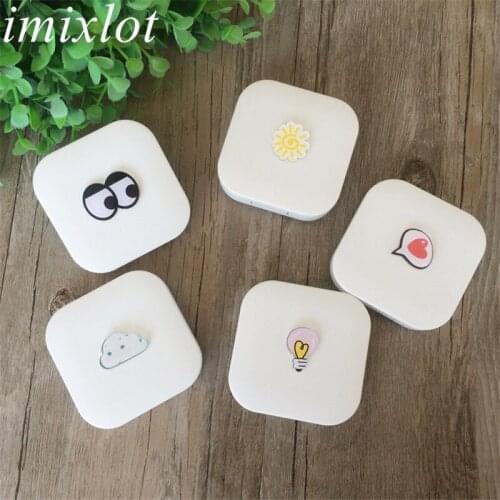 Imixlot New Fashion White Black Cartoon Sun Heart Eye Bulb Cloud Pattern Contact Lens Case Travel Portable Pocket Case Kit