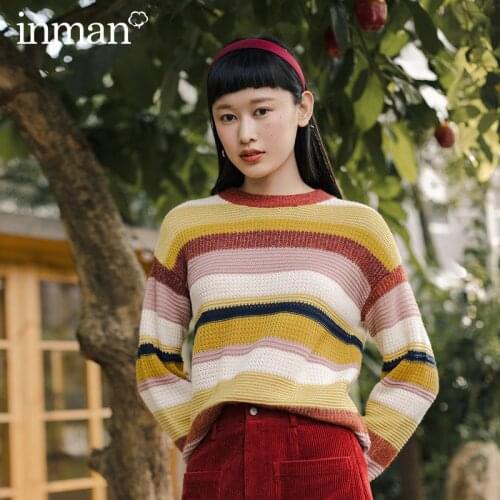 INMAN Autumn Winter Rib Round Neck Colorful Stripes Slim Energetic Young Fashionable Sweater
