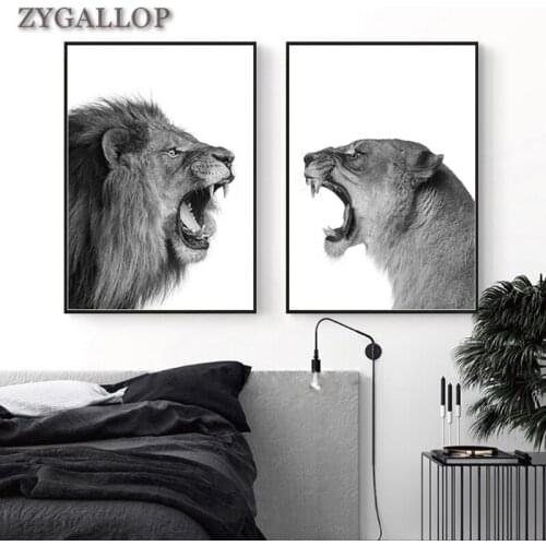 Lion and Lioness Canvas Painting Black White Animal Wall Art Poster Print Canvas Picture for Living Room Home Decor Quadro Mural