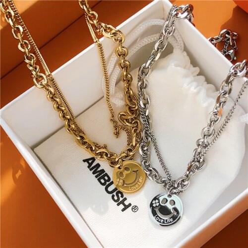 316L Stainless Steel Choker Smiley Necklace Statement Hip Hop Big Chunky Gold Color Thick Chain Necklace Women Jewelry