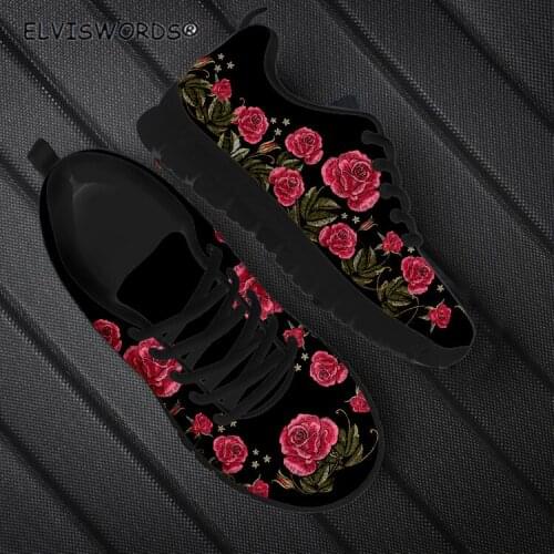 ELVISWORDS Shoes Women Embroidery Rose Printed Non-slip Brand Design Air Mesh Sneakers for Female Ladies Lace Up Walking Shoes