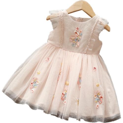 Summer dress Korean pink girl A-line dress princess skirt embroidered dress baby girl clothing girls dress