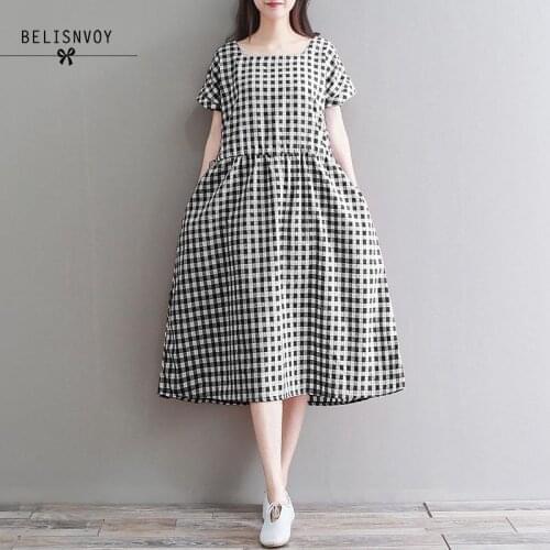 Japanese Mori Girl Summer Women Elegant Dress Black Red Plaid Lace Up Femininos Vestidos Vintage Cotton Linen Dress With Pockets
