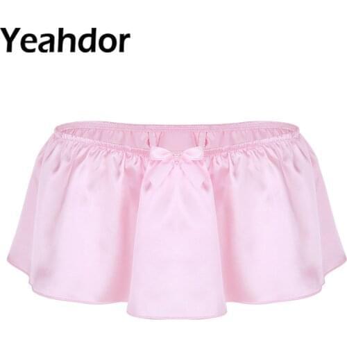Mens Sissy Erotic Bowknot Lingerie Panties Briefs Soft Shiny Satin Sissy Skirted G-string Thong Underwear for Lingerie Night