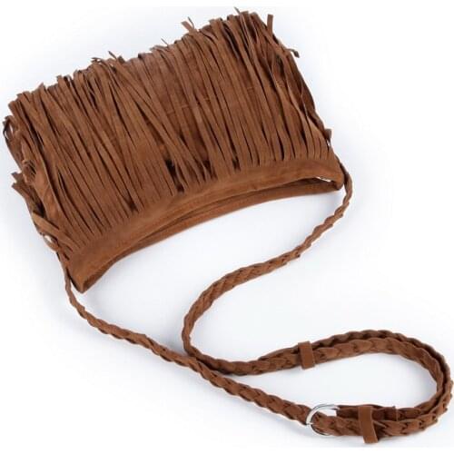 Womens Fringed Leather Shoulder Bag with Adjustable Knitting Strap Soft Ethnic Style PU Messenger Bag Solid Color d88