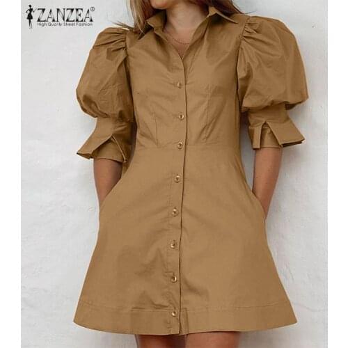 2021 Summer Women Shirts Dress ZANZEA Fashion OL Puff Sleeve Mini Vestidos Casual Solid Lapel Collar Sundress Robe