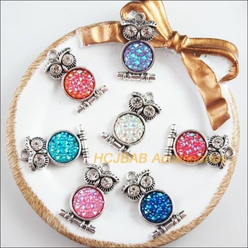 7 New Animal Owl Charms Tibetan Silver Tone Retro Mixed Resin Pendants 16.5x28.5mm