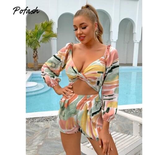 Pofash Print V Neck Two Pieces Outfits Women Long Lantern Sleeves Backless Ruched Crop Tops And Shorts Female Pieces Set 2021