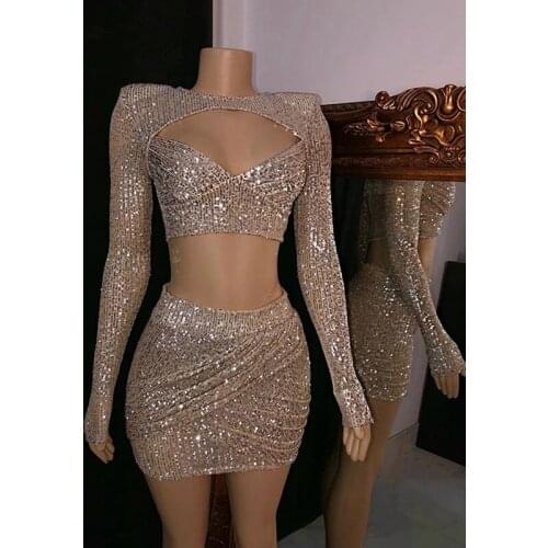 Rose Gold Long Sleeve Straight Sparkly Prom Dresses 2021 Two Piece Sequin African Black Girl Prom Dress