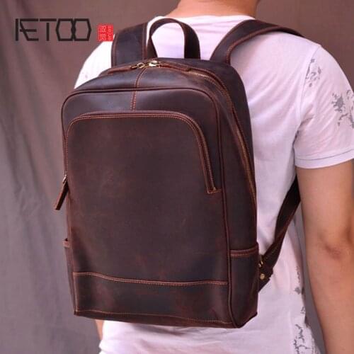 AETOO Retro Genuine Leather Mens Backpack Large Capacity Laptop Bag School Backpack Male Shoulder Bags Brown Leather Travel Bac