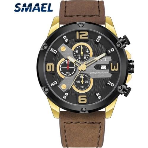 SMAEL New Fashion Mens Watches Top Brand Luxury Big Dial Military Quartz Watch Leather Waterproof Sport Chronograph Watch Men