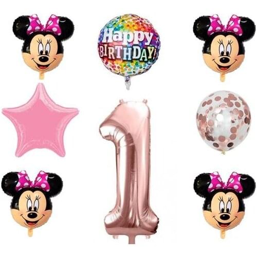 First birthday balloons Minnie 8 balloons number one gold rosa100 cm 4 balloons Minnie 35x30 balloon happy birthday Star and confetti