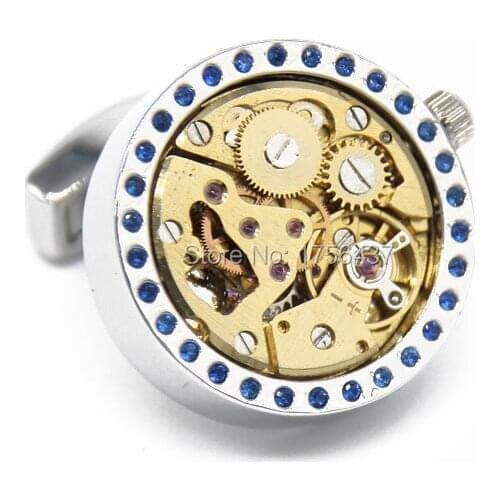 Promotion 2015 New Functional Watch Movement Cufflinks Blue Crystal cufflinks Steampunk Gear cufflink Best Gift cuff links
