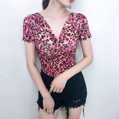 Woman Summer Print T Shirt Korean Edition Woman Plus Size Short Sleeve V-neck Leopard Print Slim Fit T Shirt Club Dance T Shirt