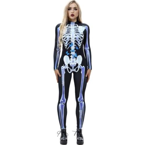 2021 Terror Skeleton Cosplay Tights Jumpsuit Sexy 3D Print Skinny Long Sleeve Overall Romper Halloween Costumes For Women