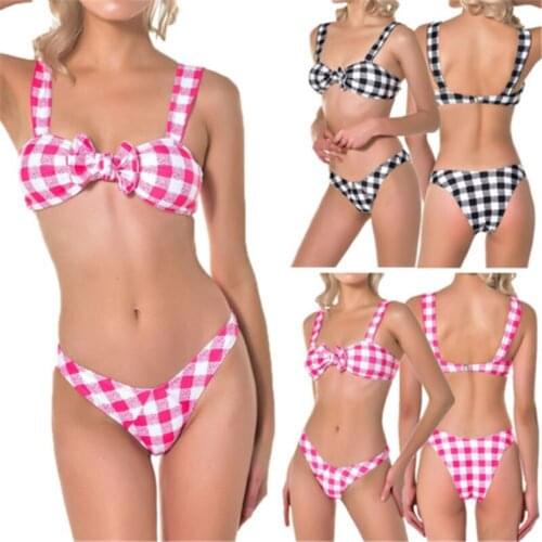 New Plaid Bikini 2019 Sexy Ruffle Bow Knot Women Swimsuit Bandage Thong Beach Wear Push Up Swimwear Front Tie Thong Beach Suits