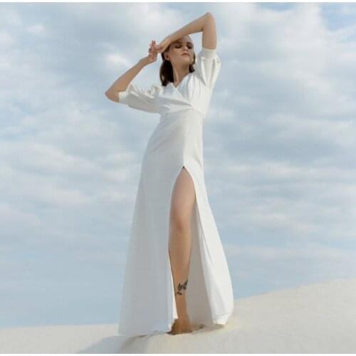 Elegant Simple A-Line V Neck Satin Vintage Short Sleeve Slit Floor Length Wedding Gown Wedding Dress Bride robe de mariée