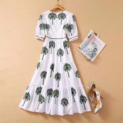 Runway Fashion Summer 2021 Women Slash Neck White Sweety Dress Office Ladies Green Flower Ebroidery Midi Dresses