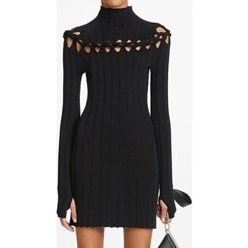 Women Sweater Dress Autumn Spring Hollow Out Stretch Knitted Bodycon Dress