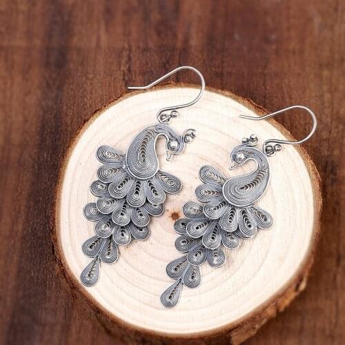 100% 925 Sterling Silver Handmade Antique Peacock Drop Earrings For Women Thai Silver Ethnic Bohemia Dangle Earring Fine Jewelry