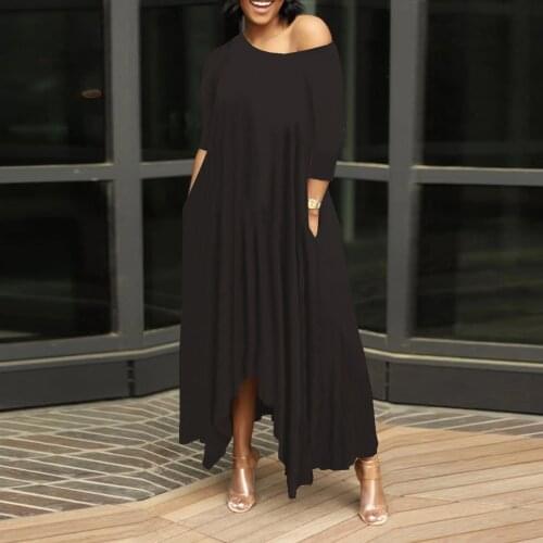 2021 Summer Women Long Dress Solid Short Sleeve One Shoulder Pockets Asymmetrical Loose Maxi Dresses Casual Fashion Vestidos