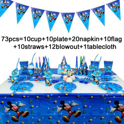 73PCS/LOT Disposable Tableware For Birthday Party Supplies Mickey Mouse Theme Party Supplies Decoration Paper Napkin Plate Cups