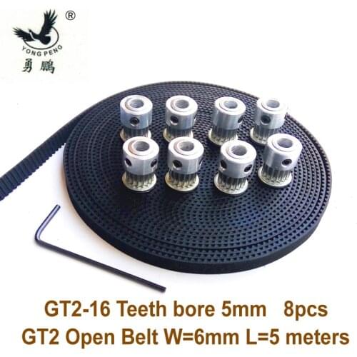 8pcs 16 teeth GT2 Timing Pulley Bore 5mm + 5Meters GT2 timing Belt Wide 6mm 2GT belt for RepRap Prusa Mendel 3D freeshipping