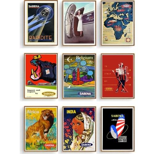 Belgium Sabena Airlines Travel Canvas Painting Retro Children Poster Classic Mural Kindergarten Sticker