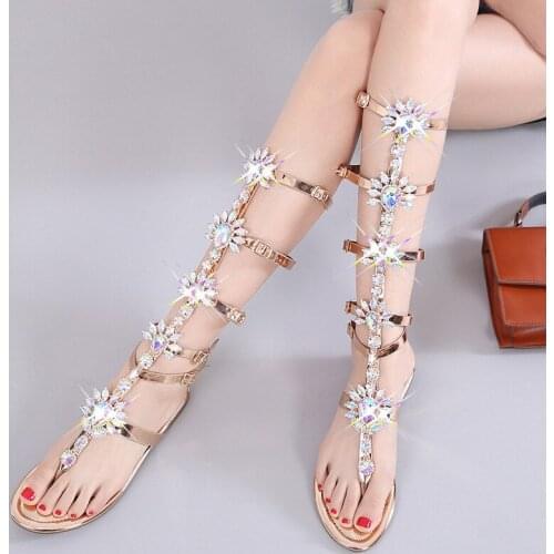 Bohemian High-top Rhinestone Sandals Fashion Casual Roman Flat Bottom Clip Toe Buckle Sandals