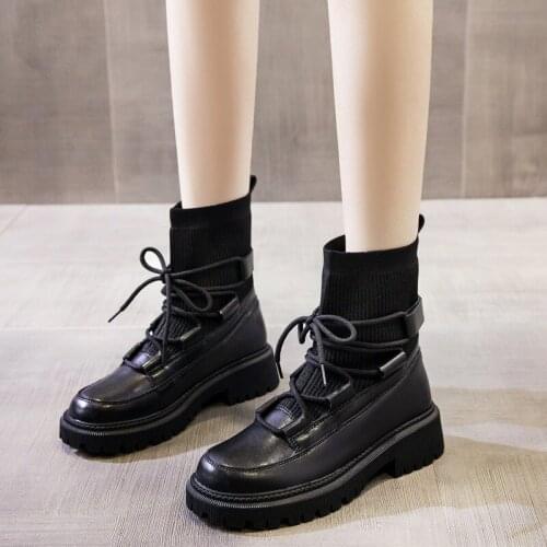 Genuine Leather Sock Boots Women Heels Black Platform Shoes Woman Booties Ankle Boots Female Designer Shoes for Women Nice Pop