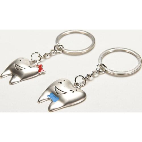 2 Pcs=1 Pair Model Shape Dental Clinic Gift Cartoon Teeth Keychain Dentist Decoration Car Key Chains Stainless Steel Tooth