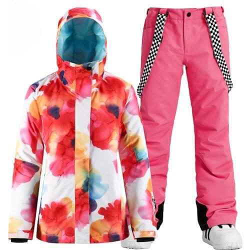 Brand Womens Snow Suit Wear Outdoor Sports Costumes Waterproof Windproof Snowboard Clothing Sets Ski Jacket + Belt Pant Girls