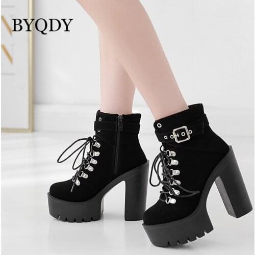 BYQDY Winter Motorcycle Wedge Heels Boots Woman High Heel Platform Suede Long Shoes Lace Up Women Shoes Black Booties Plus 41-42