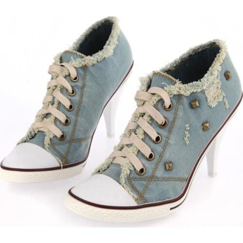 Desinger Shoes studded High Heels Lace Up Blue Jeans Denim Boots For Women Girls Cowboy Ankle Boots Demine Pumps Shoes Woman