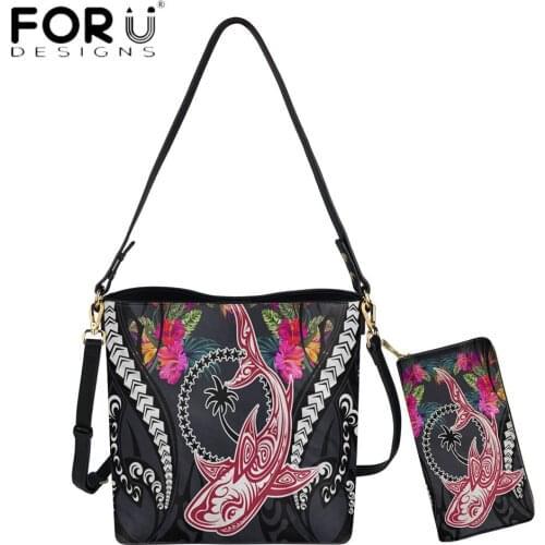 FORUDESIGNS Hot Style Women Bucket Bags Chuuk Polynesian Shark Hibiscus Flower 3D Print Casual Ladies Leather Purse Handbags
